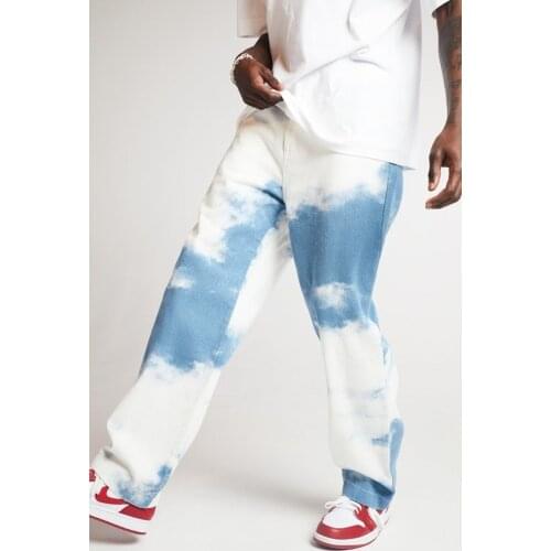 Fashion New Mens Pants Loose-fitting Bleached Washed Straight Tie Dyed Denim Trousers Jeans for Men Loose Casual Mens Jeans