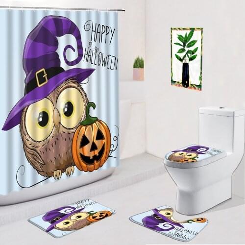 Cartoon Owl Bathroom 4 Pcs Set Shower Curtain Non Slip Bath Carpets Toilet Cover Mat Creative Pumpkin Halloween Decor Curtains
