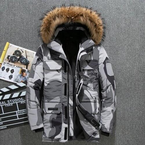 Men Outdoor Winter Warm Hooded Down Jackets Thicken Thermal Fur Collar Windproof Padded Coats Climbing Skiing Camping Jackets