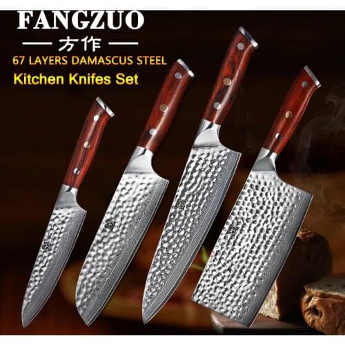 FANGZUO Japanese Damascus Steel Cooking Knife Set Stainless steel handle Chef Santoku Cleaver Utility Knives Kitchen Knife Sets