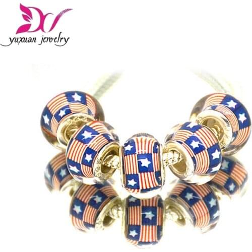 New 14MM European Acrylic Beads resin Big Hole American flag Beads Charms Fit DIY Jewelry Bracelet Findings 10pcs/lot abalorios