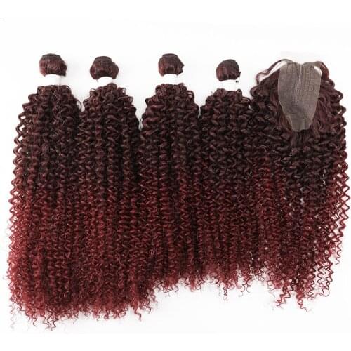 Synthetic Hair Bundles Afro Kinky Curly Hair Extensions With Lace Closure 20" 24" 26" 5Pcs/Pack/260g Brown Color