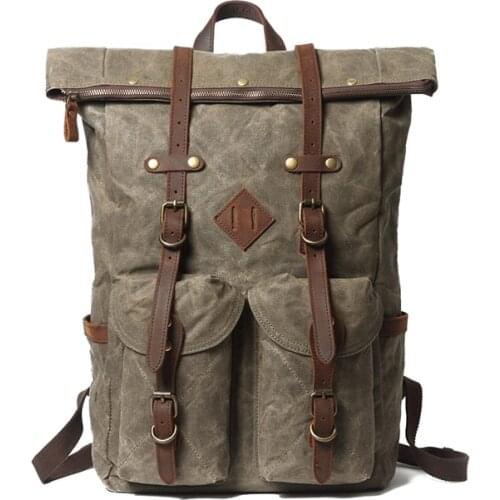 SOAEON New Large Capacity Vintage Waterproof Travel Backpack Wax Canvas With Leather Outdoor Backpack Womens Computer Backpack