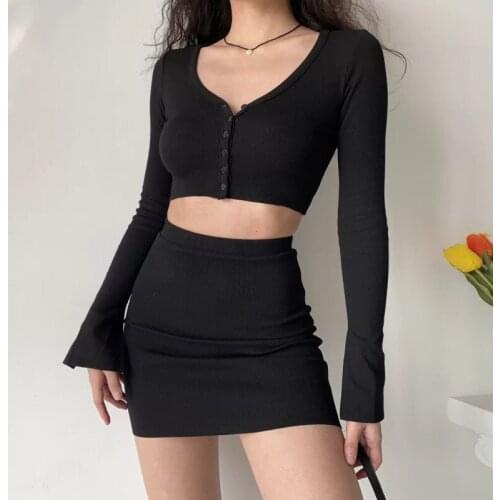 WOMENGAGA Two-piece Str Women Solid Color Long Sleeve Split Cardigan + High Waist Package Hip Mini Skirts WLX0