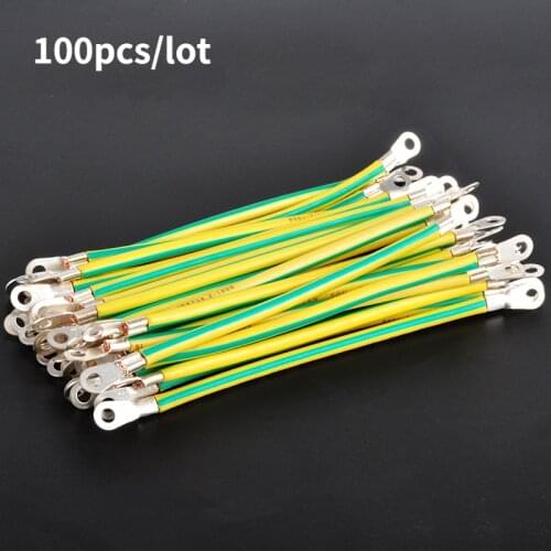 100pcs BVR Yellow-Green Solar Grounding Wire with Terminals 10/12/14 AWG Copper PV Cabinet Bridge Leakage Earth Cable