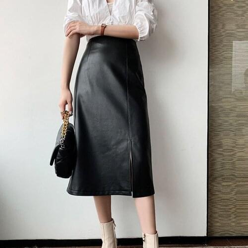 Large Size New PU Leather Skirts Autumn Winter Womens All-match High-waist Skirt Midi Thin Split Skirt One-step Straight Skirt