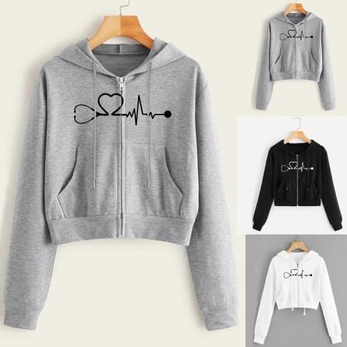 Women Heartbeat Print Sweatshirt Long Sleeve Zipper Pocket Shirt Hooded Sweatshirt Tops Casual Daily Comfy Sweatshirts Толстовка