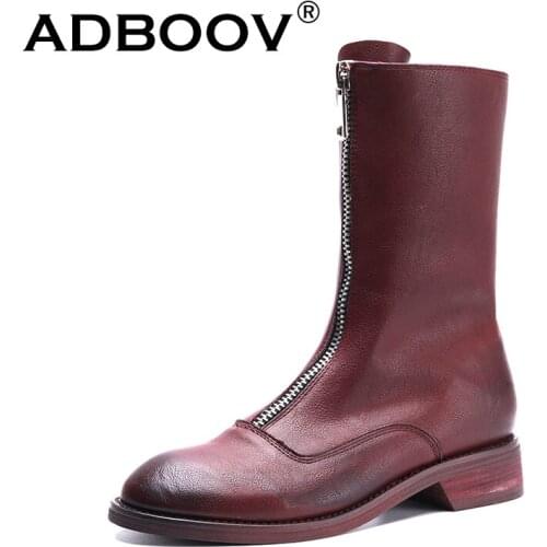 ADBOOV Genuine Leather Boots Women Front Zip Ankle Boots Ladies Height Increasing 6 CM Riding Boots Female Laarzen Dames
