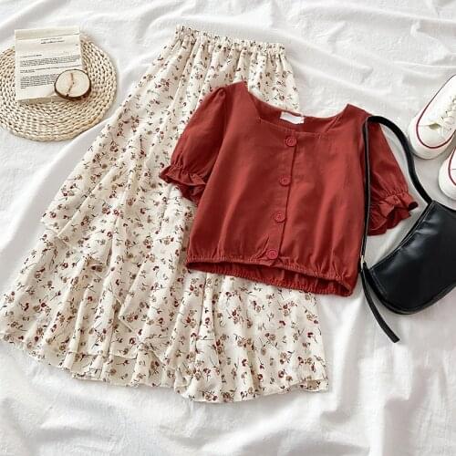 Summer Skirt Set Women Casual O-neck Short Sleeve Blouse + High Waist Flower Pattern Skirt Matching Set