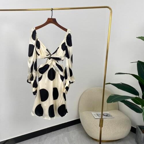 High Quality Silk New Summer Women Solid A-line V-neck Self-tie Backless Long Sleeve Mini Dresses 2021