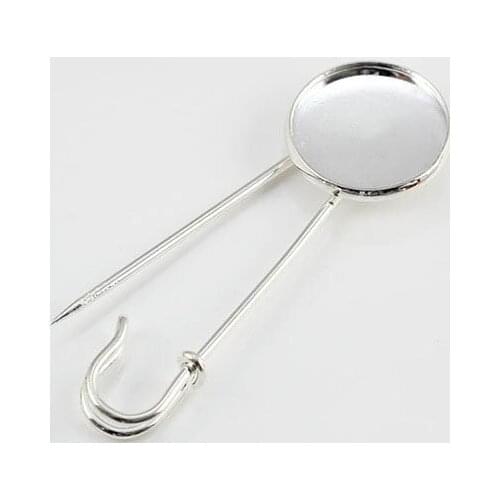 20mm New Silver Plated Brass Blank Round Bezel cups Cabochon Clips Brooches safety-pin Pins Bases Settings Findings Wholesale