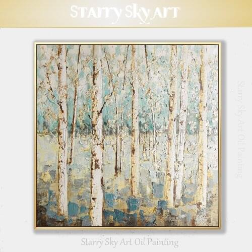 Free Shipping Hand-painted Abstract Knife Painting Shades of Blue Birch Tree Oil Painting on Canvas Abstract Landscape Painting