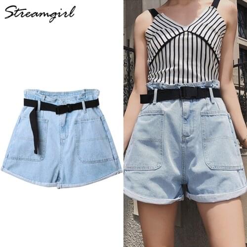 Womens Summer Shorts Denim High Waisted With Belt Loose Short Jeans Women Denim Shorts With Pockets Jeans Short Woman Casual
