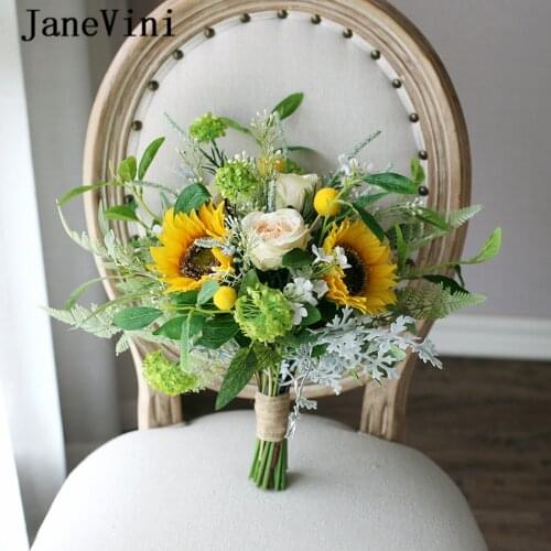 JaneVini 2020 Vintage Yellow Sunflower Wedding Bridal Bouquets Artificial Champagne Peony Bride Silk Flowers Wedding Accessories