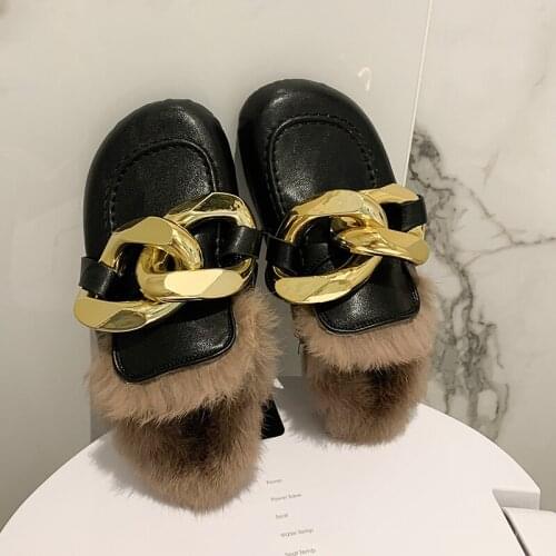 Winter Real Fur Gold Chain Mules Plush Women Shoes Loafers Slip On Casual Shoes Women Warm Furry Slides Fluffy Hairy Flip Flops
