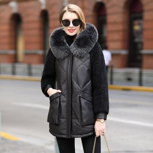 Genuine Sheepskin Leather Jackets Women Fox Fur Collar Hooded Female Jacket 90% White Duck Down Womens Coats Ropa Zjt1460