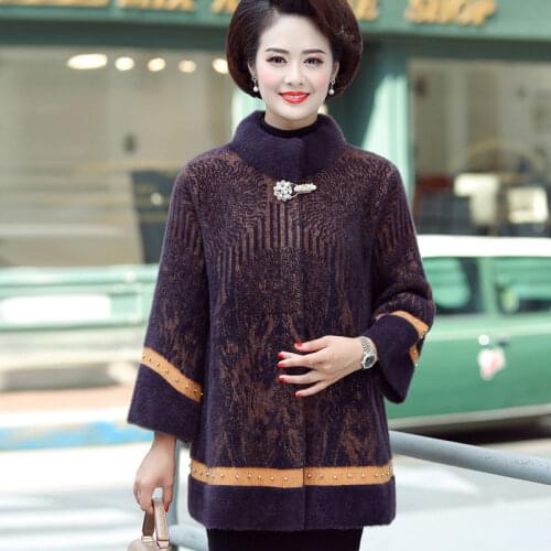 2020 New Women Winter Cashmere Woolen Coat New Knitted Cardigan Faux Mink Fur Sweater Middle-aged Mother Thicked Outerwear W17