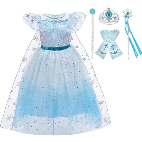 New Little Girl Dress Snow Queen Elsa Costume Christmas Party Fancy Disguise Children Birthday Cothing Snowflake Print Vestidoes
