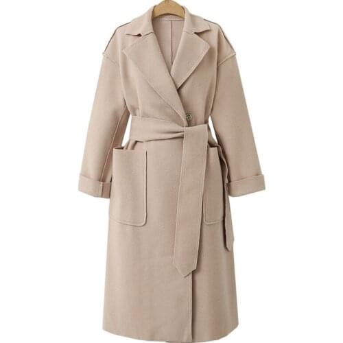 New autumn/winter womens coat high imitation wool clothing wool and blend outerwear european plus size belt long jacket 5087