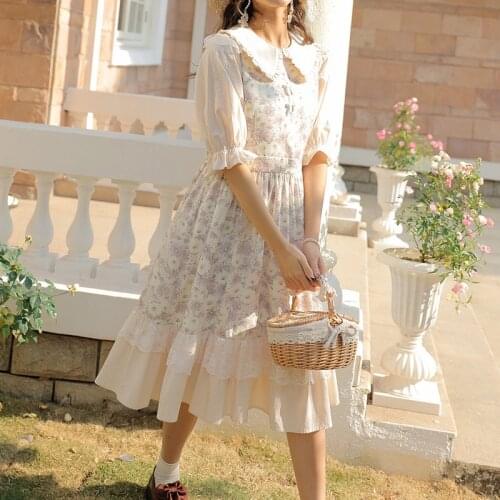 Kawaii Dress Women Doll Collar Sweet Cute Mid-Sleeve Dresses 2021 Summer New Japanese Sweet Lace Floral Lovely Lolita Vestido