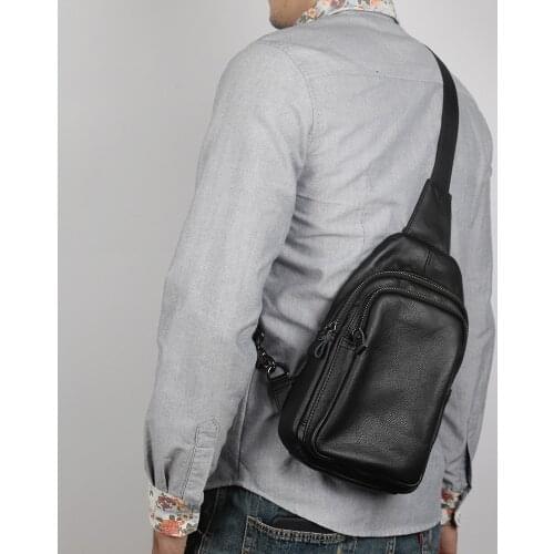 Casual chest Sport bag Genuine Leather Sport black men Classic fashion trend breast bag hold 7.9 inch zipper pocket
