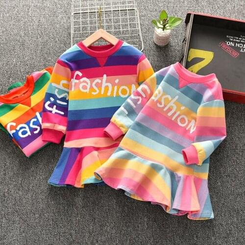 Girls Casual Dress Autumn Striped Fashion Letters Print Dresses Childrens Clothing Korean Fishtail Dress Girl Princess Dress