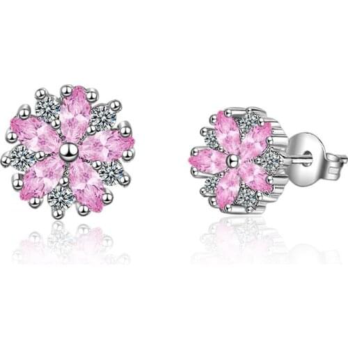 Girls' Cute Romantic Cherry Blossoms Stud Earrings Minimal Pink Flower CZ Stone Stud Sakura Earring Piercing Jewelry For Women