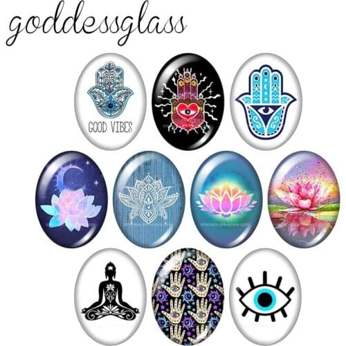 Evil eye Hand Yoga lotus religion 10pcs mixed 13x18mm/18x25mm/30x40mm Oval photo glass cabochon flat back Making findings