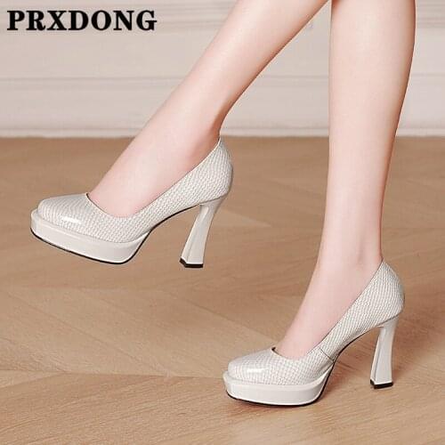 New Brand Women Pumps Sexy Thick High Heels Platform Comfortable Genuine Leather Dress Party Office Ladies Shoes Pumps Beige 39
