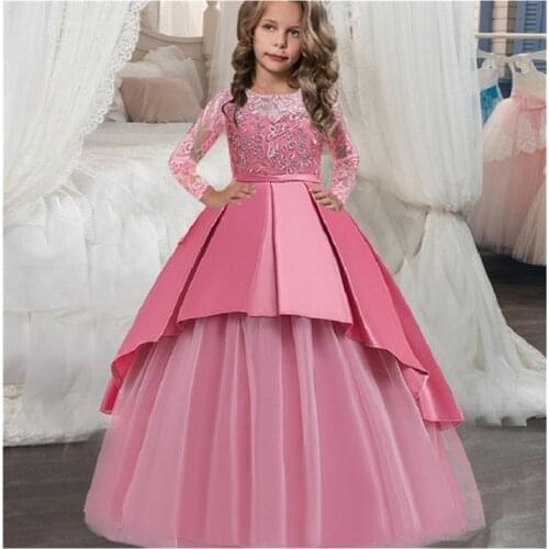 Teenager Evening Party Dress Mesh Patchwork Girls Wedding Dress Diamond Satin Princess Pageant Formal long Children Lace Dresses