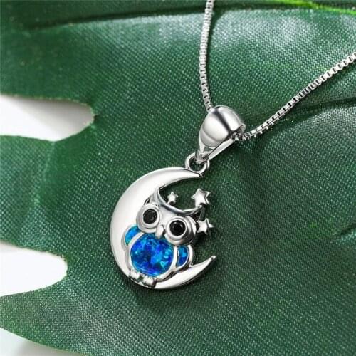 Vintage Silver Color Moon Chain Necklace Luxury Crystal Animal Owl Pendant Necklace Female Blue Opal Wedding Necklaces For Women