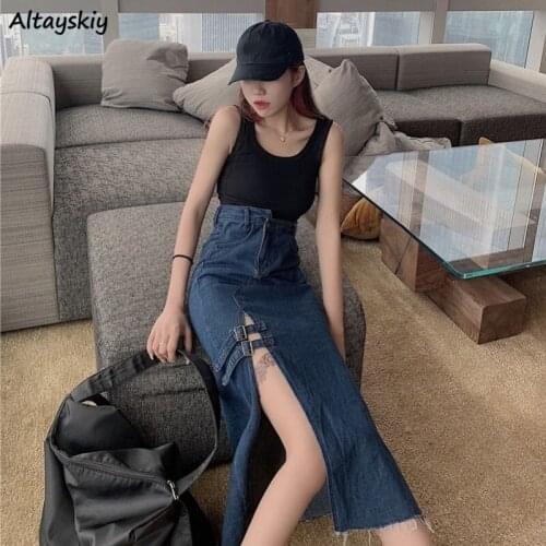 Denim Skirts Women Patchwork Side-slit Mid-calf Length Korean Style Cool Streetwear Trendy Popular Female Summer Faldas Mujer