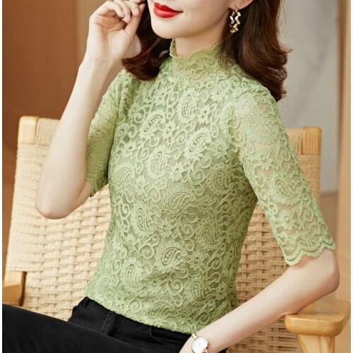 Women Lace Hollow Half High Neck Solid Color Slim T-shirt Summer Autumn Elegant Temperament Basic Top Ladies Bottoming Shirt