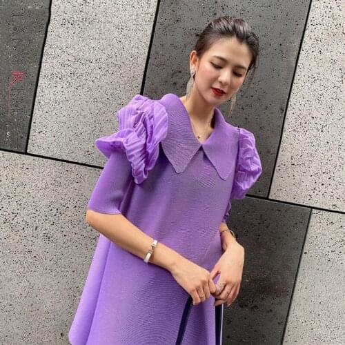 LANMREM purple green half sleeve loose pleated casual t-shirt for women autumn tide New 2021 street wear all-match top 2A1458