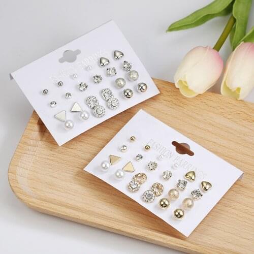 Fashion Accessories Hot Sale Set Earrings 12 Pairs Square Zircon-like Ear Studs Heart Shape Rhinestone Earring
