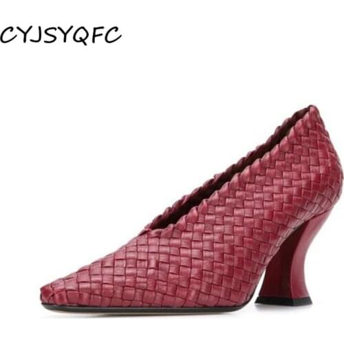 Runway Handmade Braid Leather Women Shoes Shallow Pointy Toe Slip On Comfort Strange Chunky Heels Lady Pumps Autumn Single Shoes