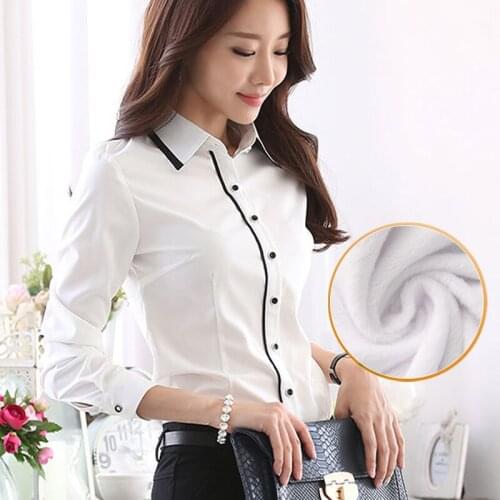 Woman Plus Velvet Thick Office Lady Shirts Long Sleeve Ladies Turn-down Collar Blue/White Blusas Plus Size 4XL Women Blouses
