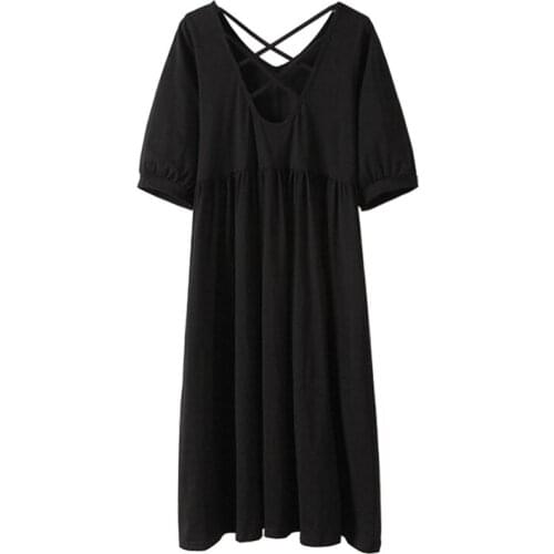 PERHAPS U Women Black Solid V Neck Dress Backless Short Sleeve Knee Length D1712