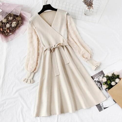 Spring Autumn Women Knitted Dress V-neck Chiffon Patchwork Sweater Dresses Lady Slim Bow A-line Long Sleeve Dress Vestidos