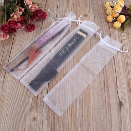 50 Pcs White Drawstring Organza Folding Hand Fan Pouch Party Wedding Gift Bags