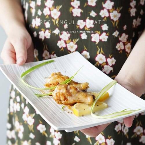 Pure White Hotel Ceramic Tableware Fine Lines Rectangular Flat Plate Sushi Plate Cake Plate Western Plate Pasta Plate Rice Plate
