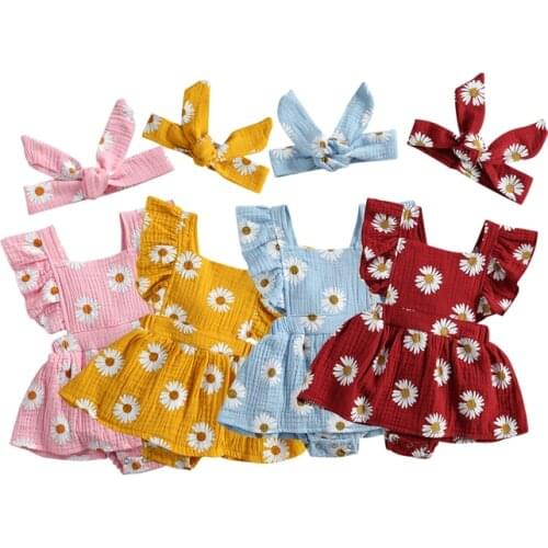 FOCUSNORM Newborn Baby Girls Boys Sunflowers Romper Headband 2pcs Ruffles Short Sleeve Backless Jumpsuits 4 Colors