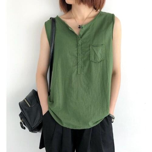 Sleeveless Women T-shirt Cotton 2021 Summer Cotton Linen Loose O neck Solid Color Thin Fashion Women Tops YoYiKamomo