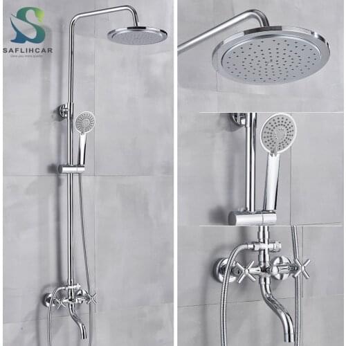 Chrome Bathroom Shower Faucet 9.6'' Round Rain Head Hot and Cold Water Mixer Value Dual Handle with ABS Handle shower Faucets