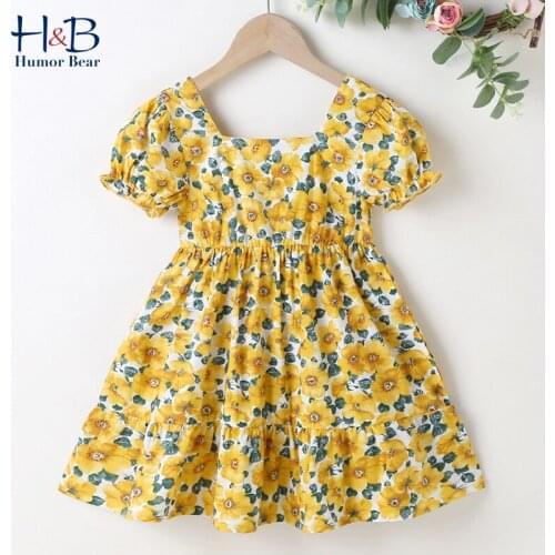Humor Bear Girls Dresses New Summer Puff-Sleeve Square Collar Floral Printed Pricess Party Dress Toddler Clothes