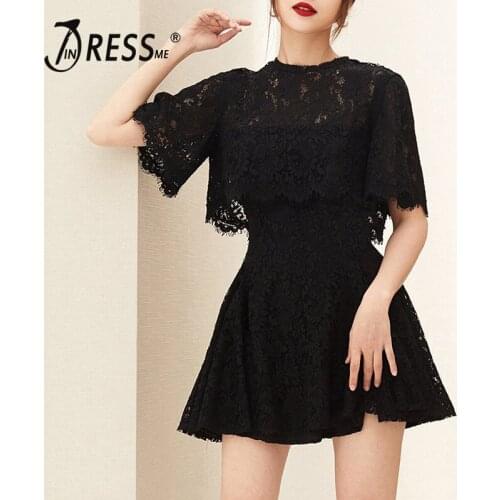 INDRESSME Spring 2020 New Fashion Womens Round Neck Top Lace A-line Slim Thin Skirt Two Piece Set
