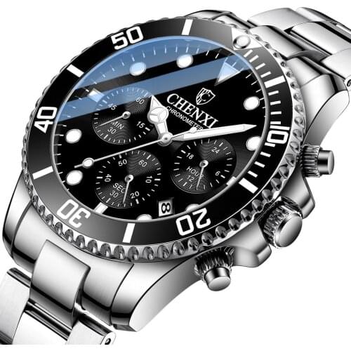 Classic Luxury Men Chronograph Watches Black Silver Stainless Steel Business Casual Top Brand CHENXI Function Quartz Wristwatch