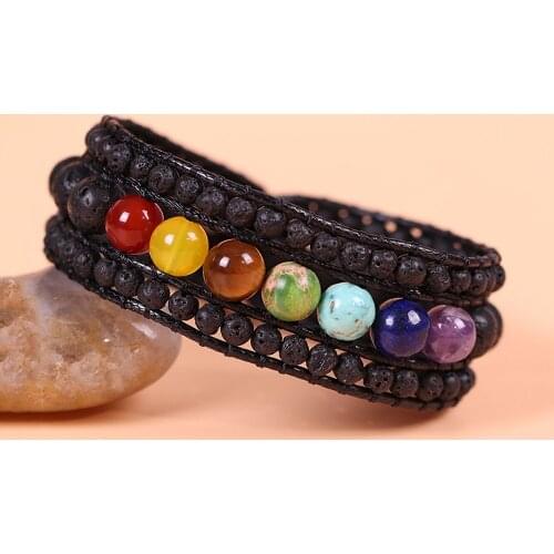 Colourful 7 Chakra Bracelet Black Matte Bead Leather Multilayer Charm Bracelet Couples Pray Meditation Bracelet Gifts