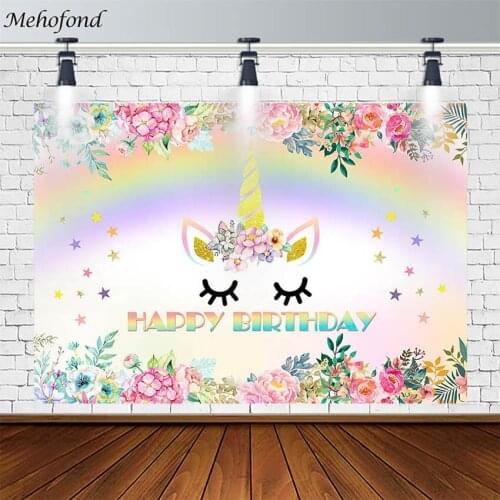 Mehofond Happy Birthday Unicorn Backdrop Flowers Rainbow Twinkle Little Star Background Photography Photo Studio Photocall Decor