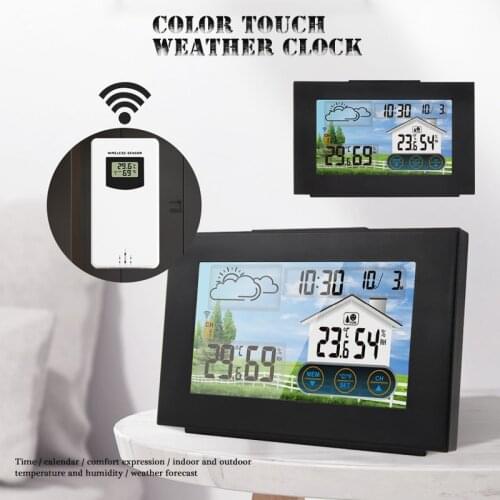 Multi-function Wireless Weather Station LCD Touch Sensor Thermometer Indoor Outdoor Hygrometer Humidity Temperature With Clock